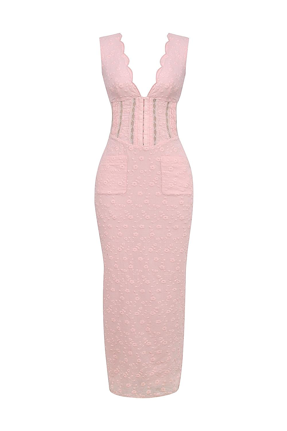 Sophina  perfectly pink broderie anglais plunge maxi dress Product Image