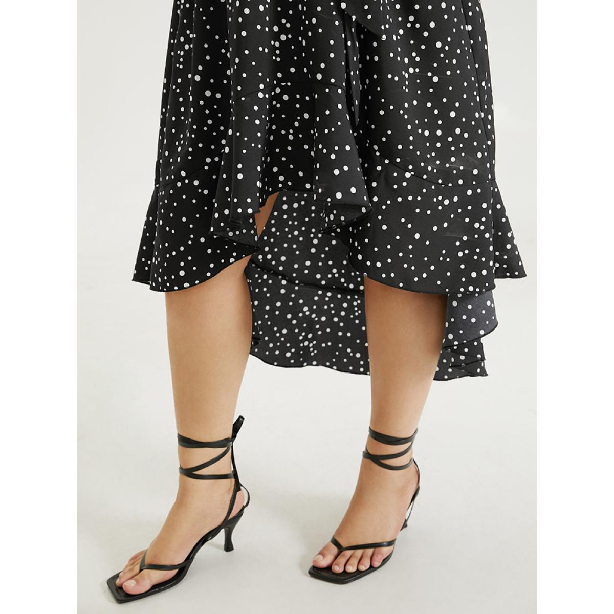 Plus Size Polka Dot Wrap Ruffle Trim High Low Hem Dress Black Women Elegant Elastic cuffs V-neck Long Sleeve Curvy Knee Dress BloomChic 10/M Product Image