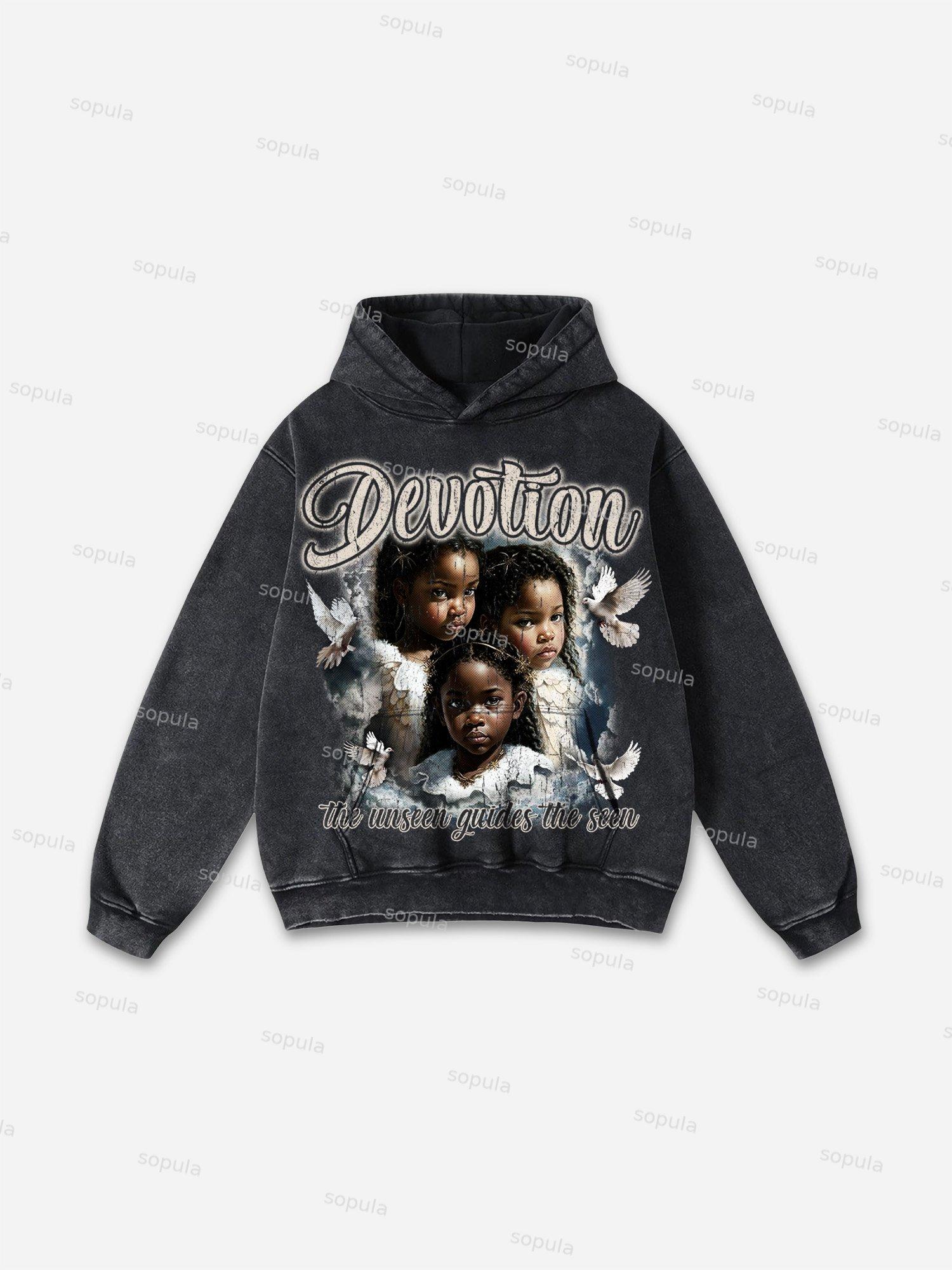 Sopula Vintage Street Portrait Graphic Print Washed Hoodie Product Image