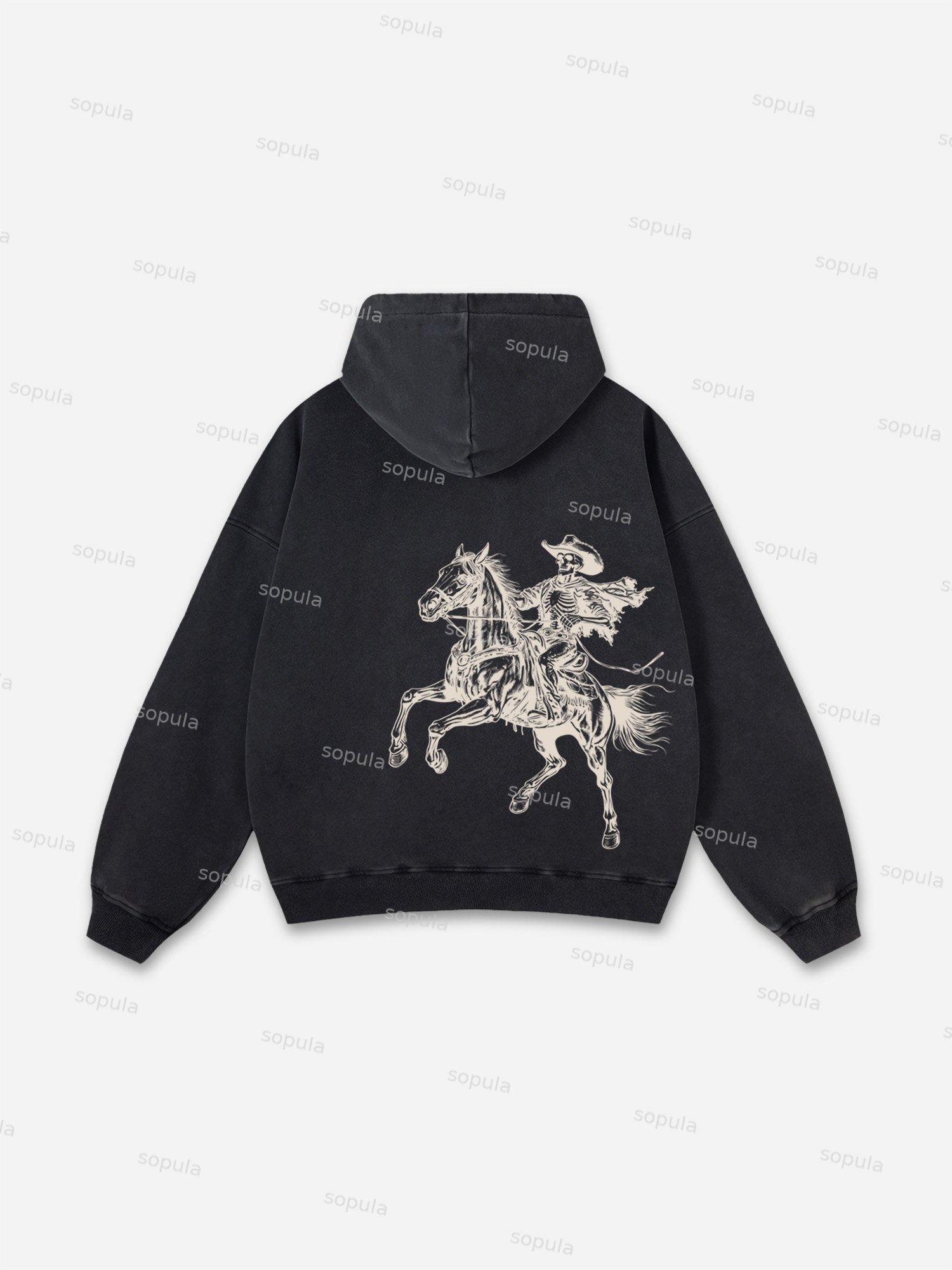 Western Skeleton Knight Cowboy Graphic Washed Hoodie Product Image
