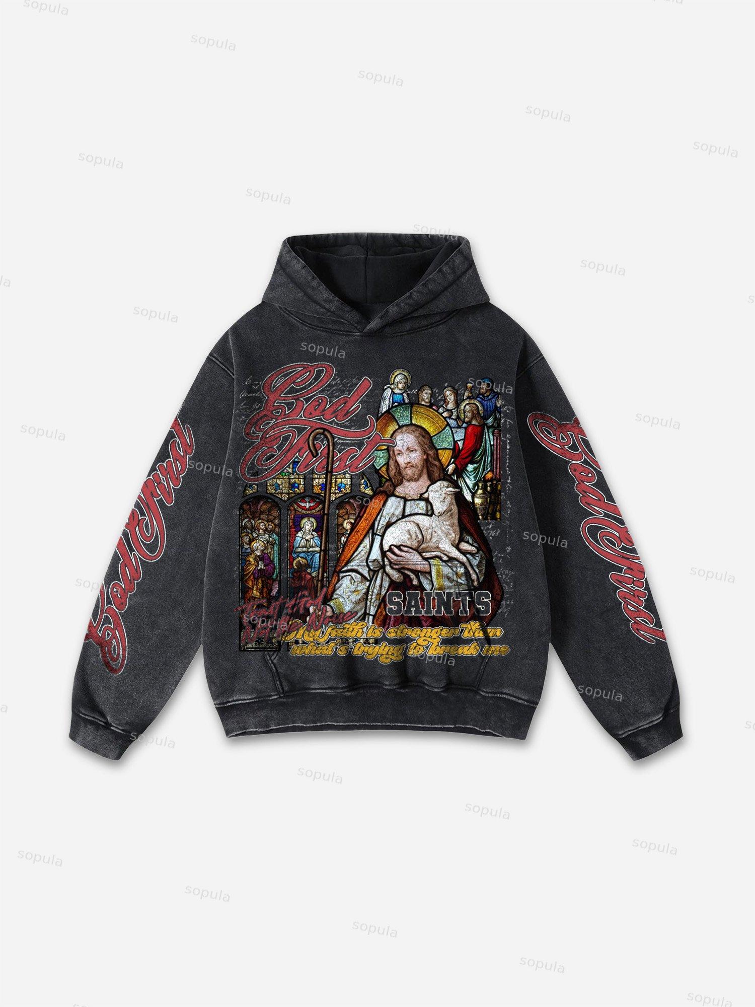 God First Jesus Window Flower Aged Vintage Graphic Acid Wash Hoodie Product Image