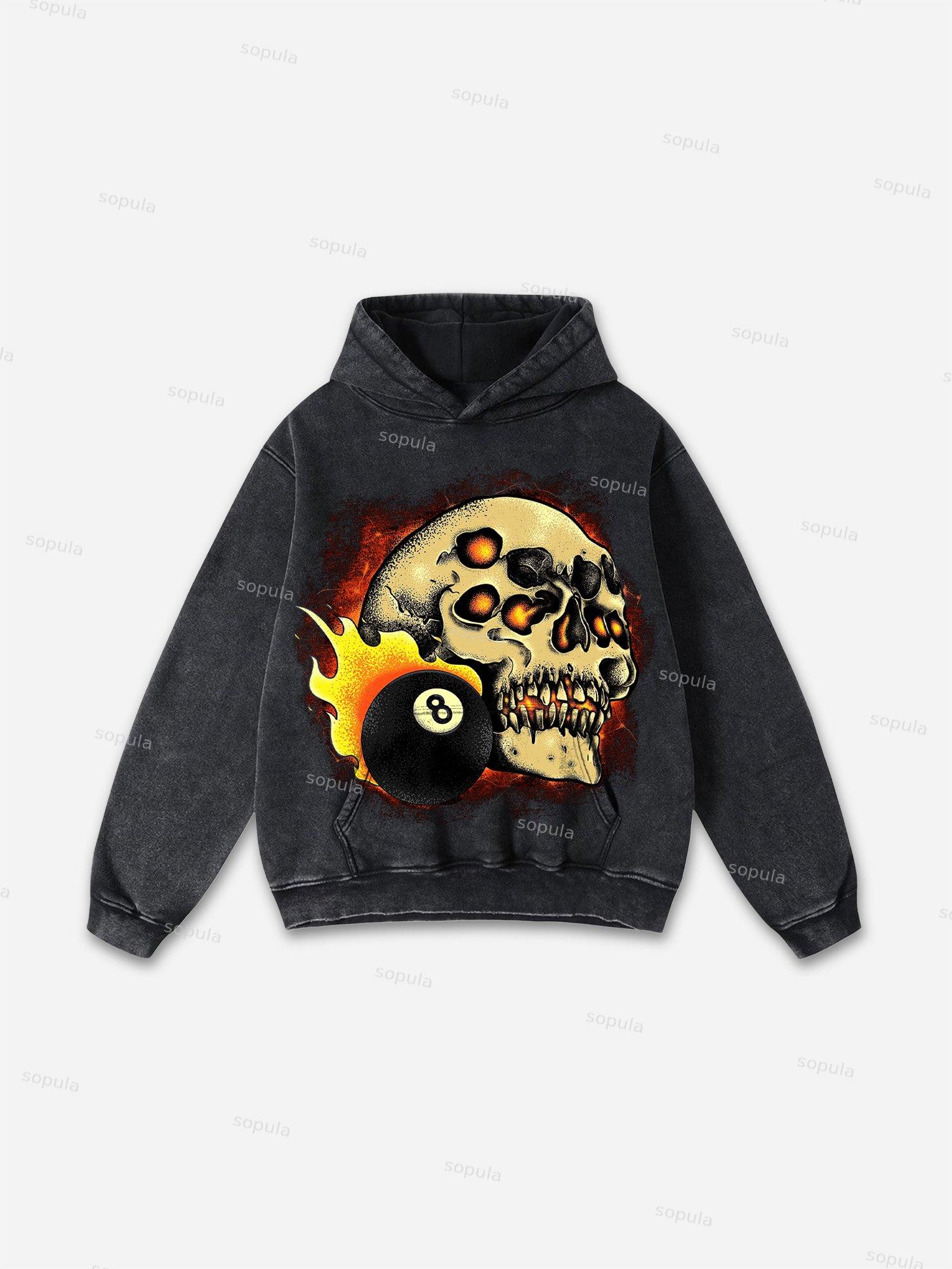 Relaxed Vintage Skull 8 Ball Graphic Gothic Hip Hop Casual Street Washed Hoodie Product Image