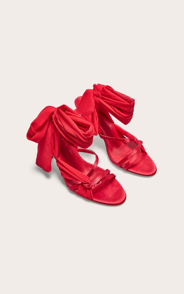 Red Satin Round Toe Lace Up Ribbon High Heeled Sandals Product Image