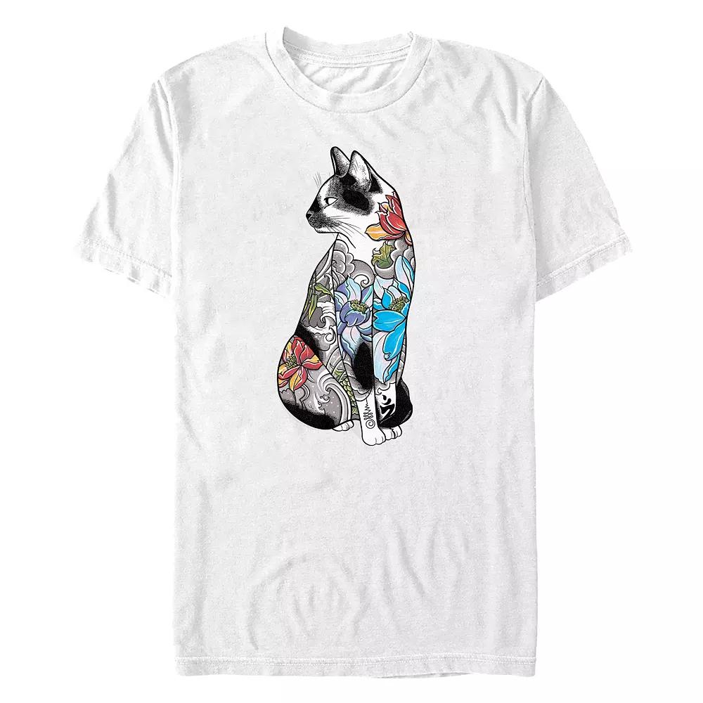 Big & Tall Cat In Lotus Flowers Tattoos Graphic Tee, Men's, Size: 3XL Tall, White Product Image