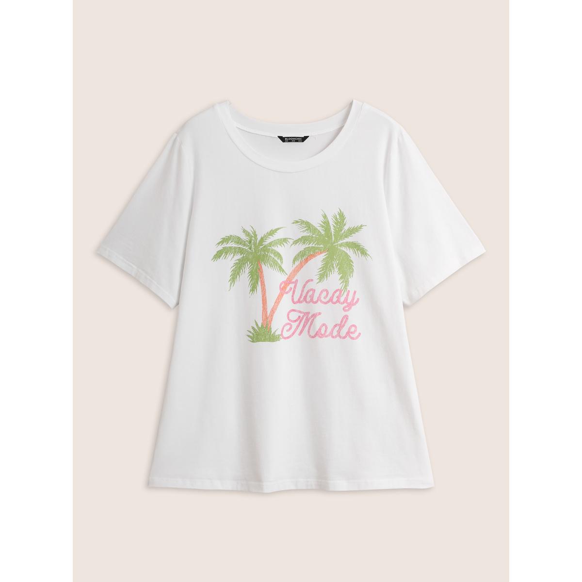 Plus Size Cotton Vacation Tropical Print Round Neck T-shirt Originalwhite Women Resort Contrast Tropical Round Neck Vacation T-shirts BloomChic 12/L Product Image