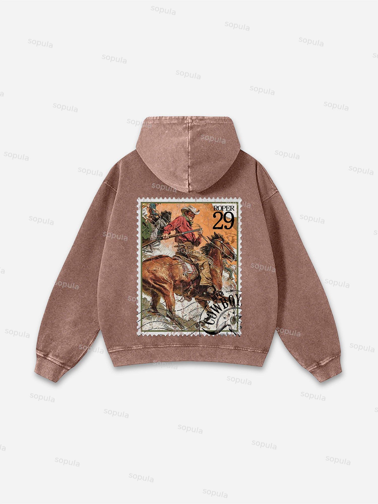 Vintage Cowboy Postage Stamp Graphic Washed Hoodie Product Image