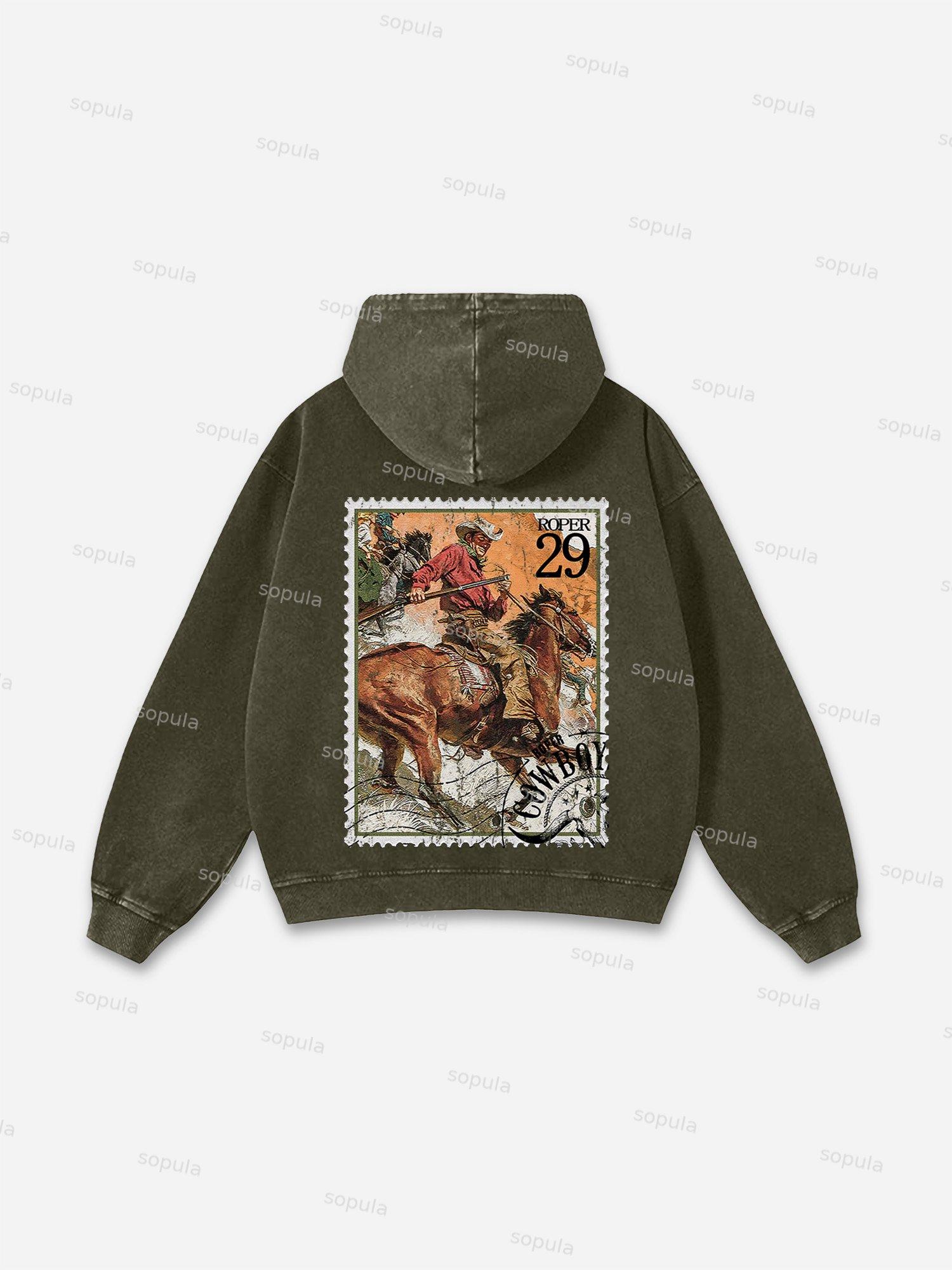 Vintage Cowboy Postage Stamp Graphic Washed Hoodie Product Image