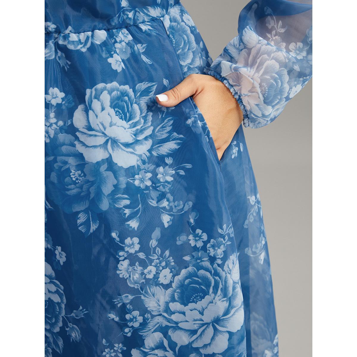 Plus Size Silhouette Floral Print Elastic Cuffs Mesh Dress Cerulean Women Elegant Elastic cuffs V-neck Long Sleeve Curvy Midi Dress BloomChic 10/M Product Image
