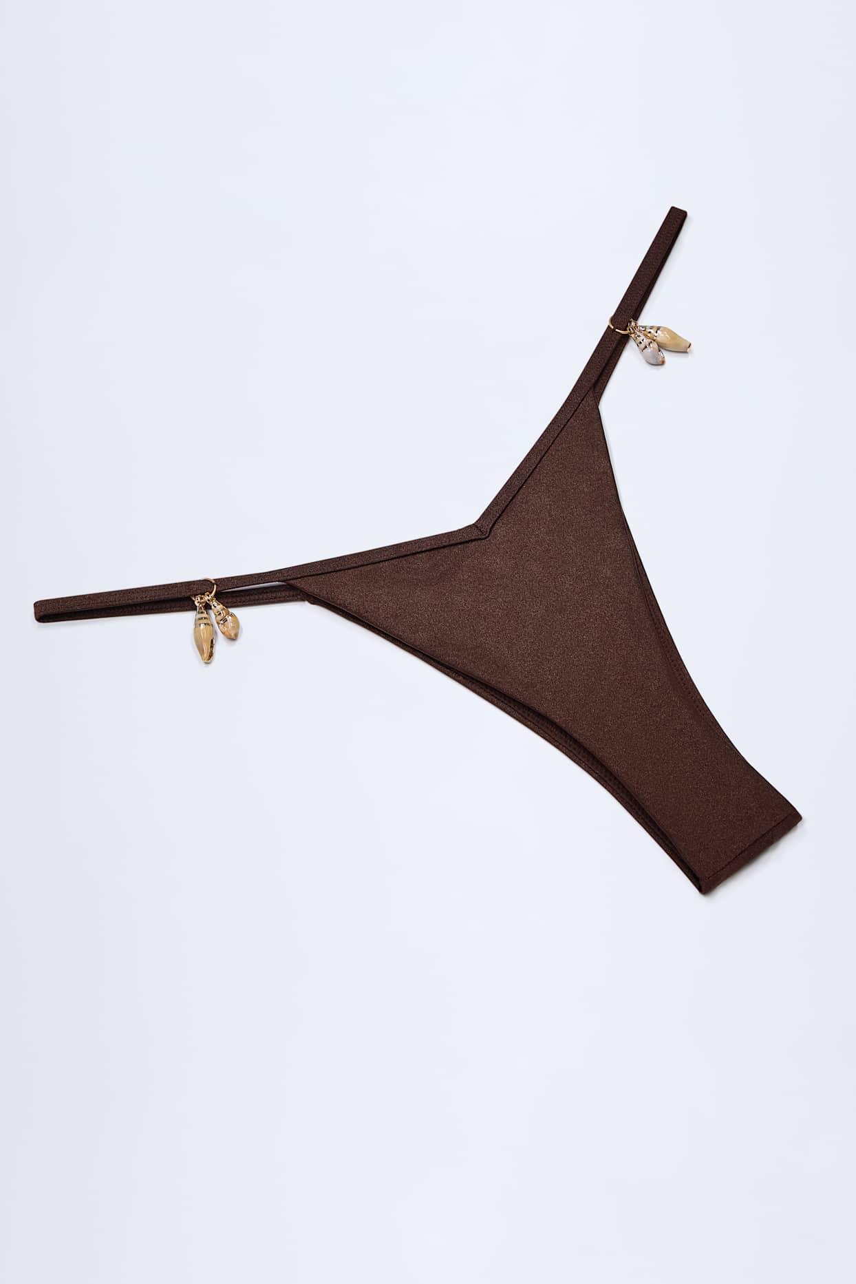 Charm-Detail Thong Bikini Bottoms in Dark Chocolate Product Image