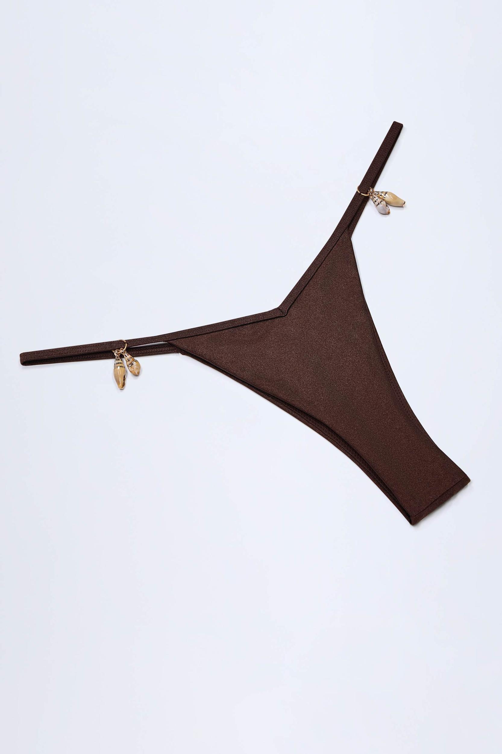 Charm-Detail Thong Bikini Bottoms in Dark Chocolate Product Image