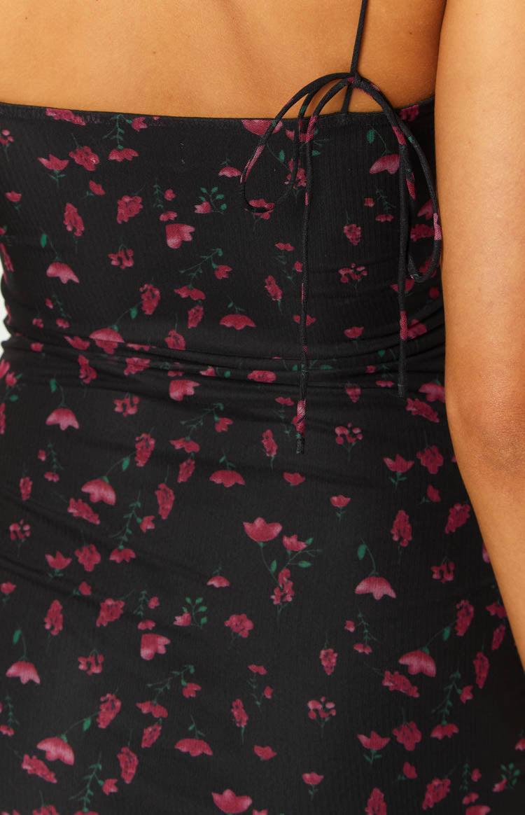 Lunara Black Floral Print Mesh Slip Mini Dress Product Image