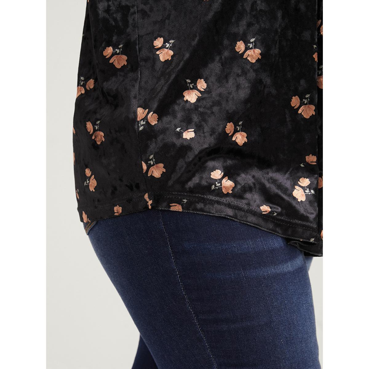 Plus Size Black Floral Lantern Sleeve Tassels Tie Neck Velvet Blouse Women Party Long Sleeve Tie Neck Going out Blouses BloomChic 10/M Product Image