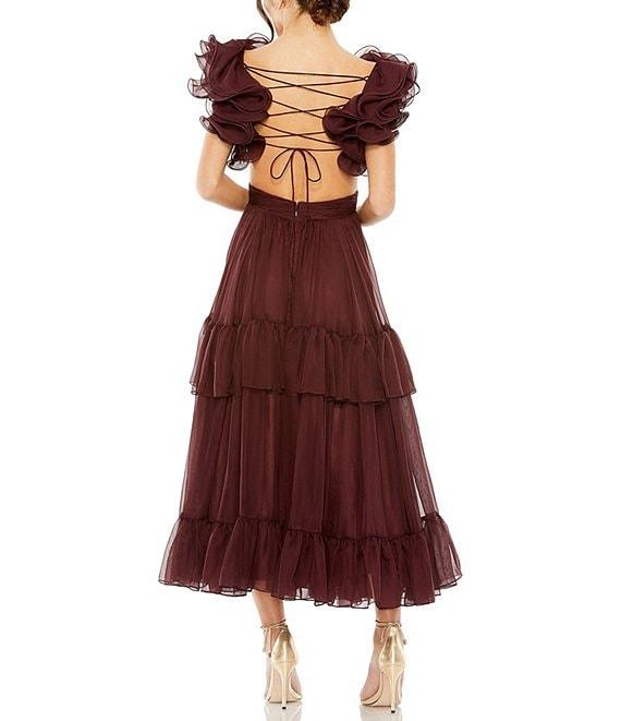 Mac Duggal V-Neck Ruffle Tiered Cut-Out Chiffon Dress Product Image
