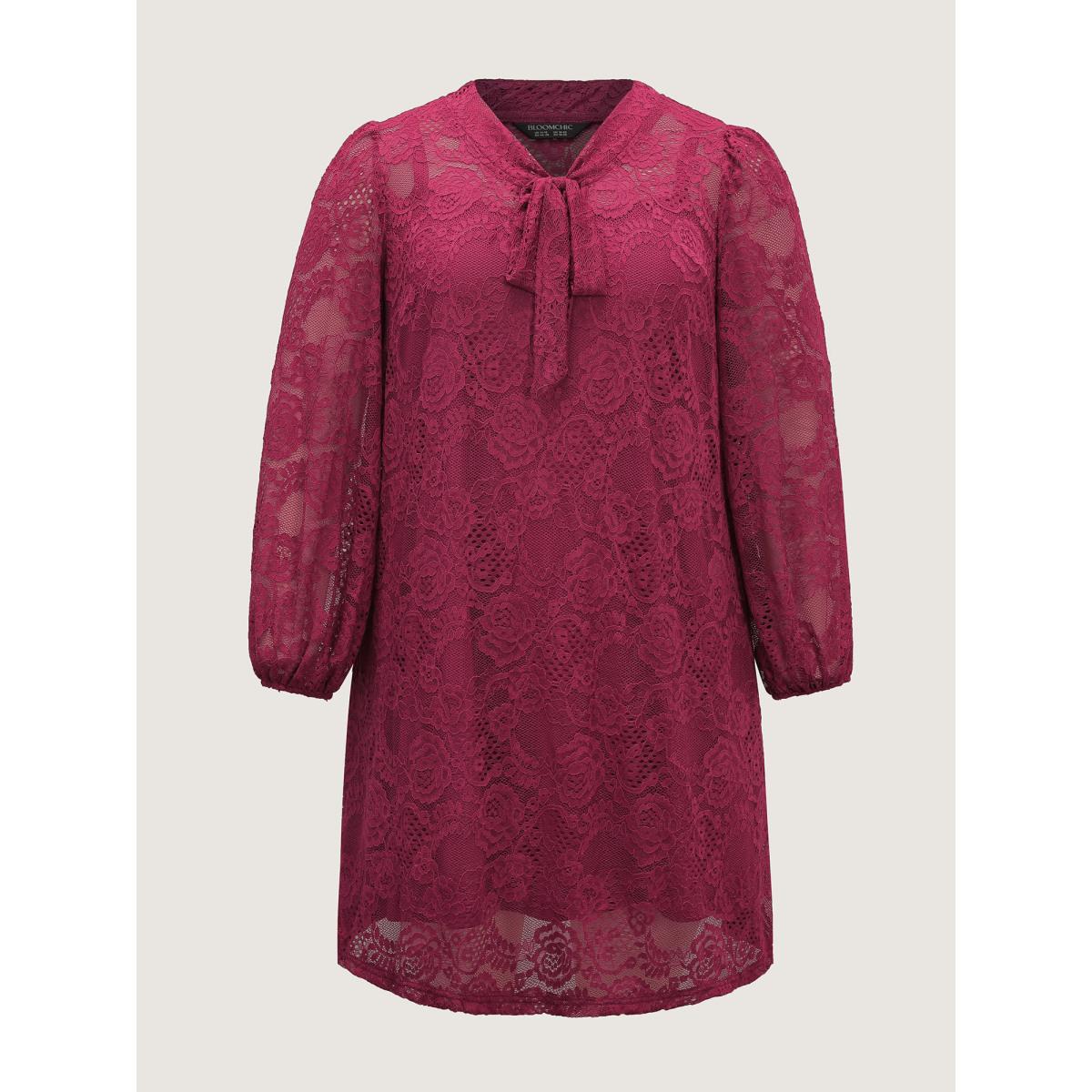 Plus Size Lace Two-Piece Knotted Midi Dress Burgundy Women Timeless See through Ribbon-tied collar Long Sleeve Curvy BloomChic 22-24/3X Product Image
