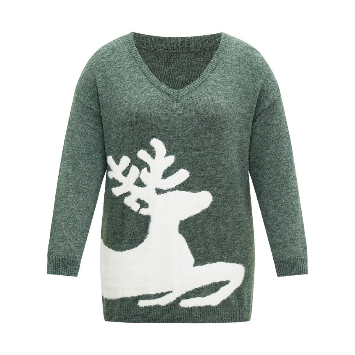 Plus Size Anti-Pilling Elk Print Drop Shoulder Pullover DarkGreen Women Casual Loose Long Sleeve V-neck Festival-Christmas Pullovers BloomChic 12/L Product Image