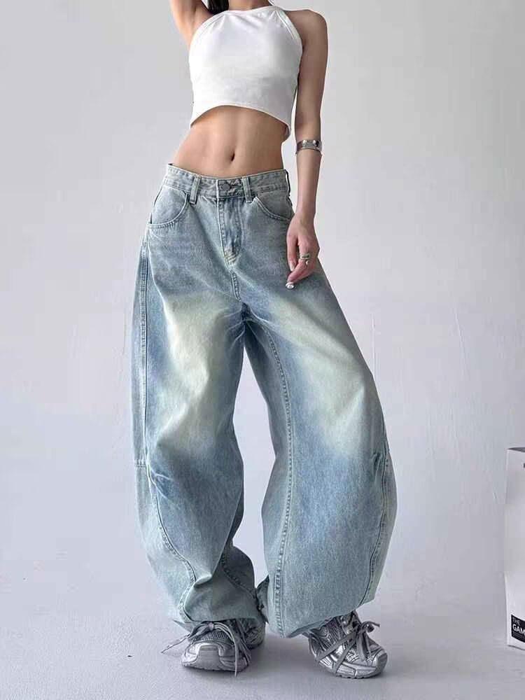 Mid Rise Washed Barrel Baggy Jeans Product Image