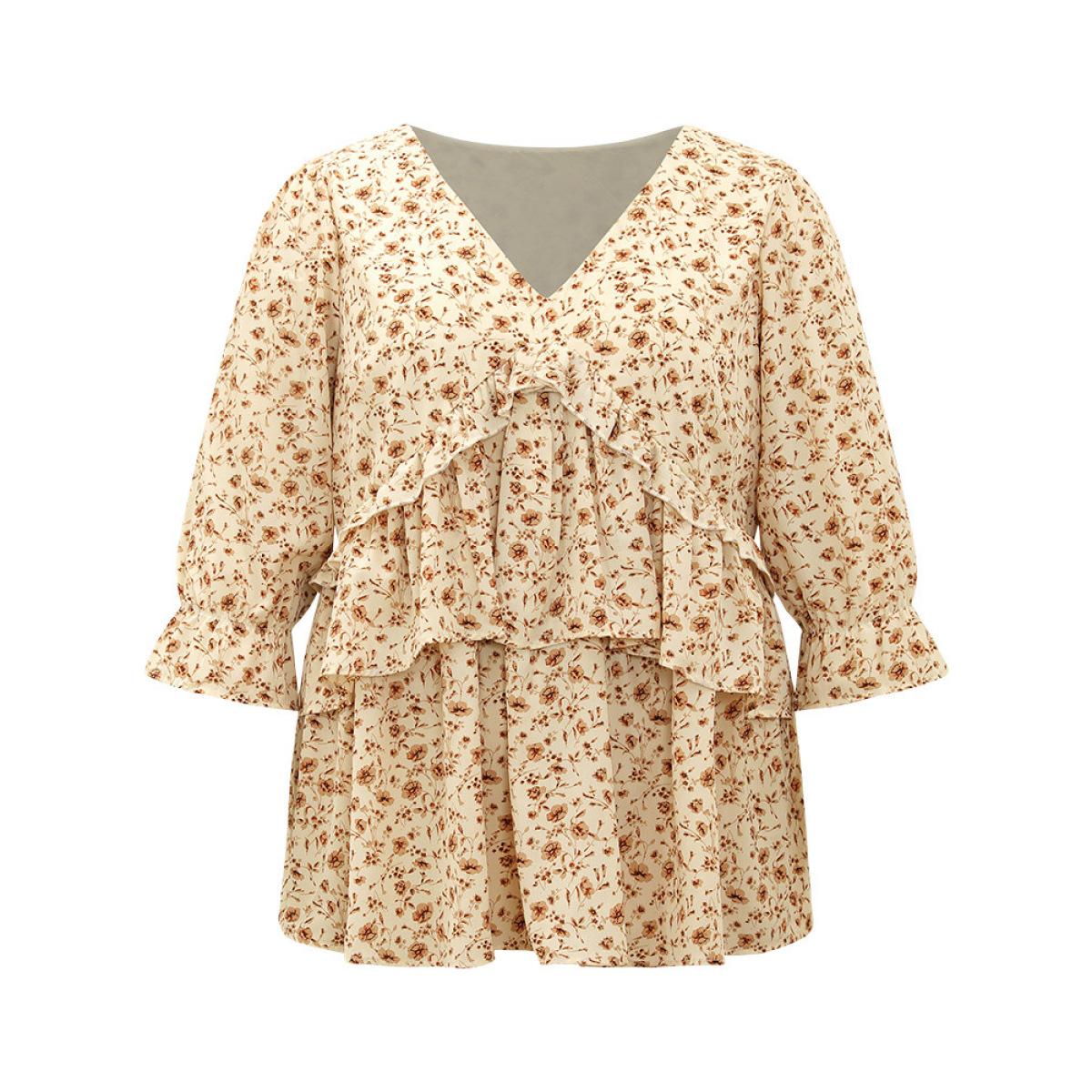 Plus Size Apricot Ditsy Floral Tiered Ruffles Gathered Blouse Women Elegant Elbow-length sleeve V-neck Dailywear Blouses BloomChic 12/L Product Image