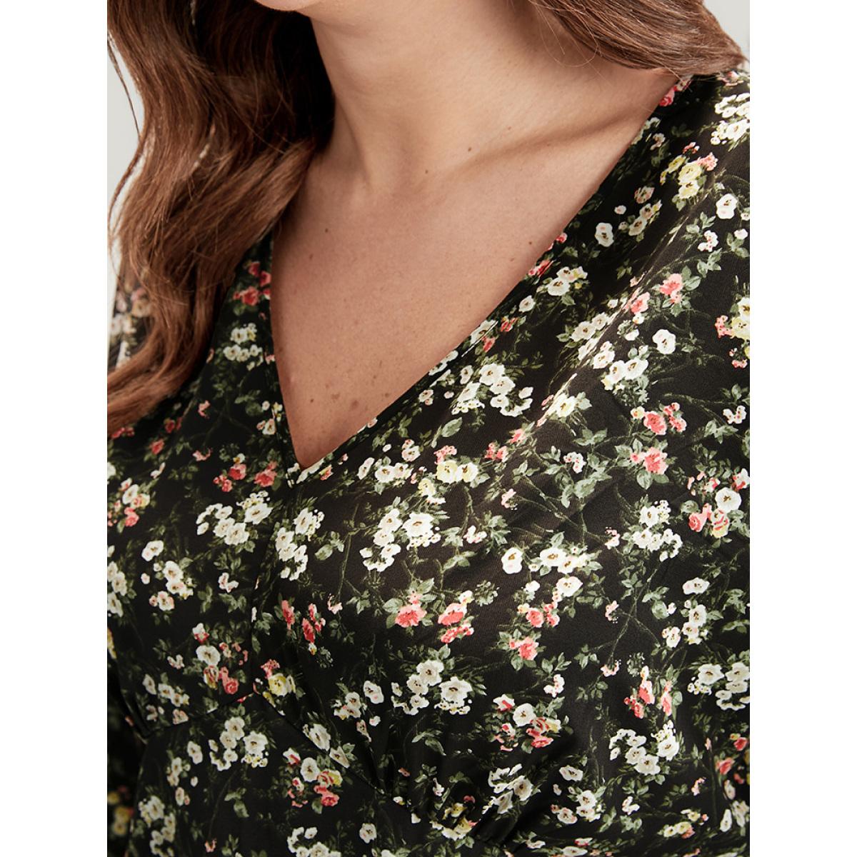 Plus Size Black Floral V Neck Lantern Sleeve Ruffles Blouse Women Elegant Long Sleeve V-neck Dailywear Blouses BloomChic 14-16/1X Product Image