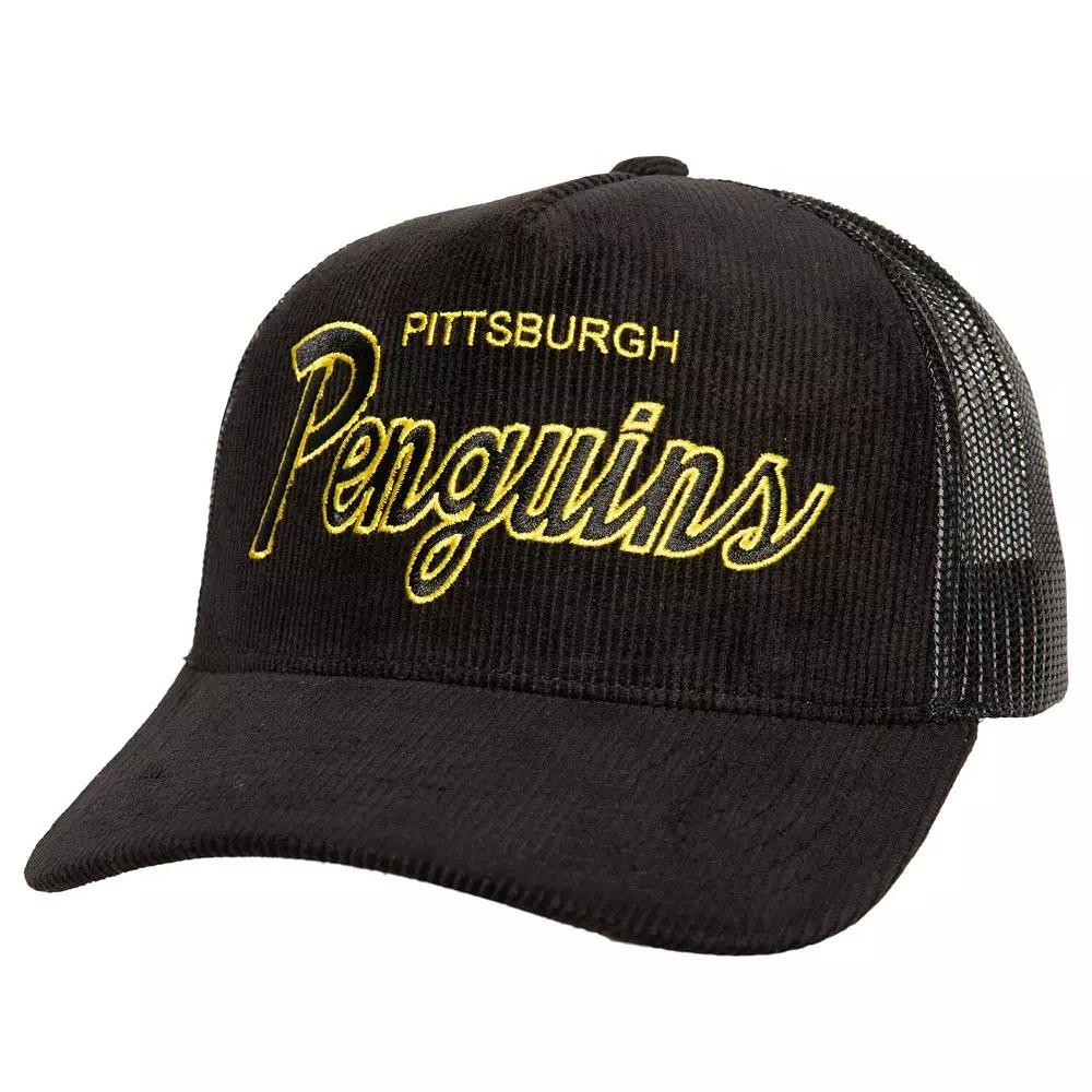Men's Mitchell & Ness  Black Pittsburgh Penguins Times Up Classic Script Cord Trucker Adjustable Hat Product Image