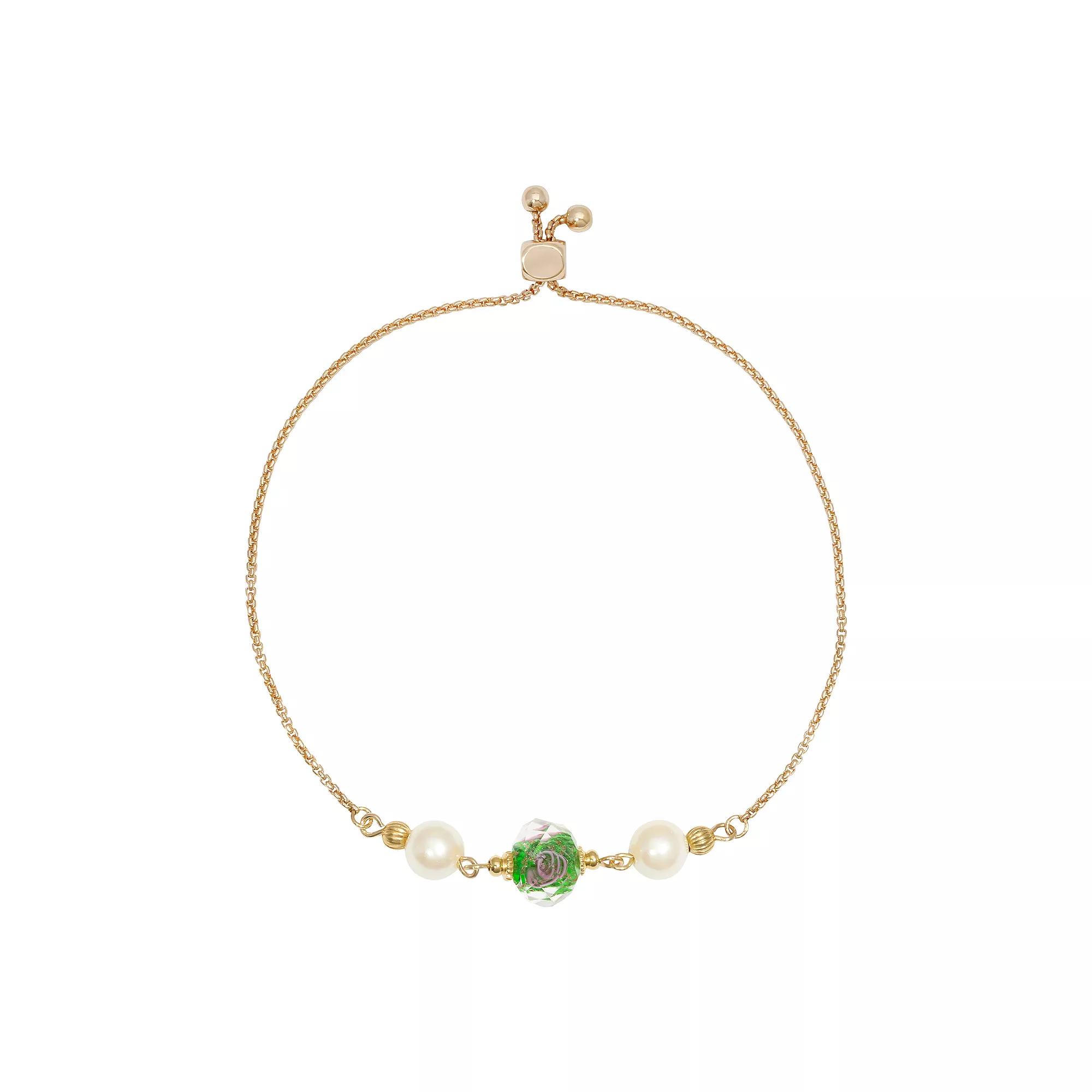 1928 Gold Tone Simulated Crystal Olivine Flower and Simulated Pearl Bracelet, Womens, Green Product Image