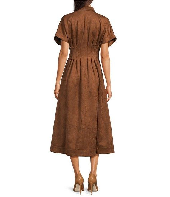 Gibson & Latimer Faux Suede Point Collar Short Dolman Sleeve Button Front Ruched Fit and Flare Shirt Midi Dress Product Image