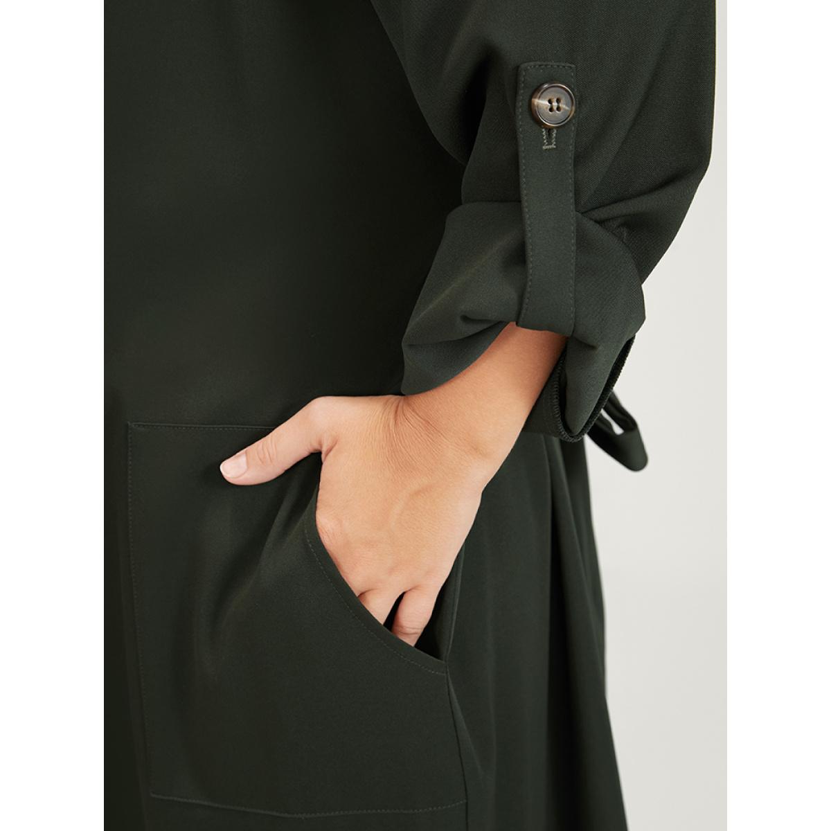 Plus Size Solid Cuffed Sleeve Belted Pocket Button Up Trench Coat Women ArmyGreen Casual Plain Ladies Dailywear Winter Coats BloomChic 22-24/3X Product Image