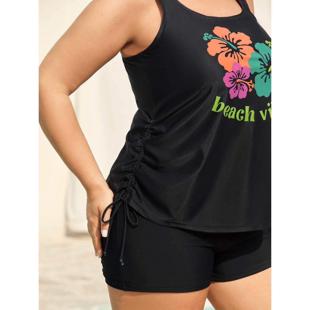 Plus Size Beachy Vibes Drawstring U-Neck Swim Top Women's Swimwear Black Resort Drawstring High stretch Bodycon U-neck Curve Swim Tops BloomChic 28/5X Product Image