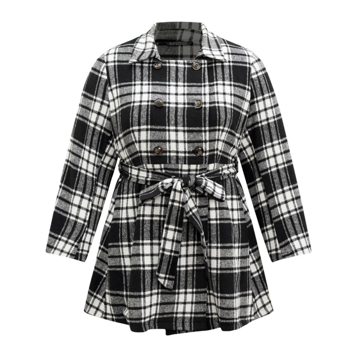 Plus Size Plaid Belted Pocket Double Breasted Coat Women Black Casual Lined Ladies Dailywear Winter Coats BloomChic 26/4X Product Image