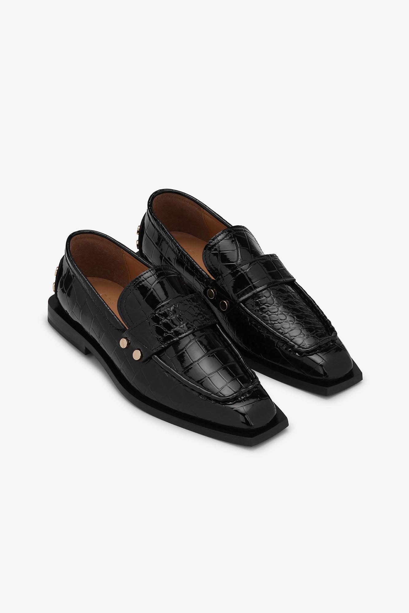 Black Croco Studded Loafers Product Image