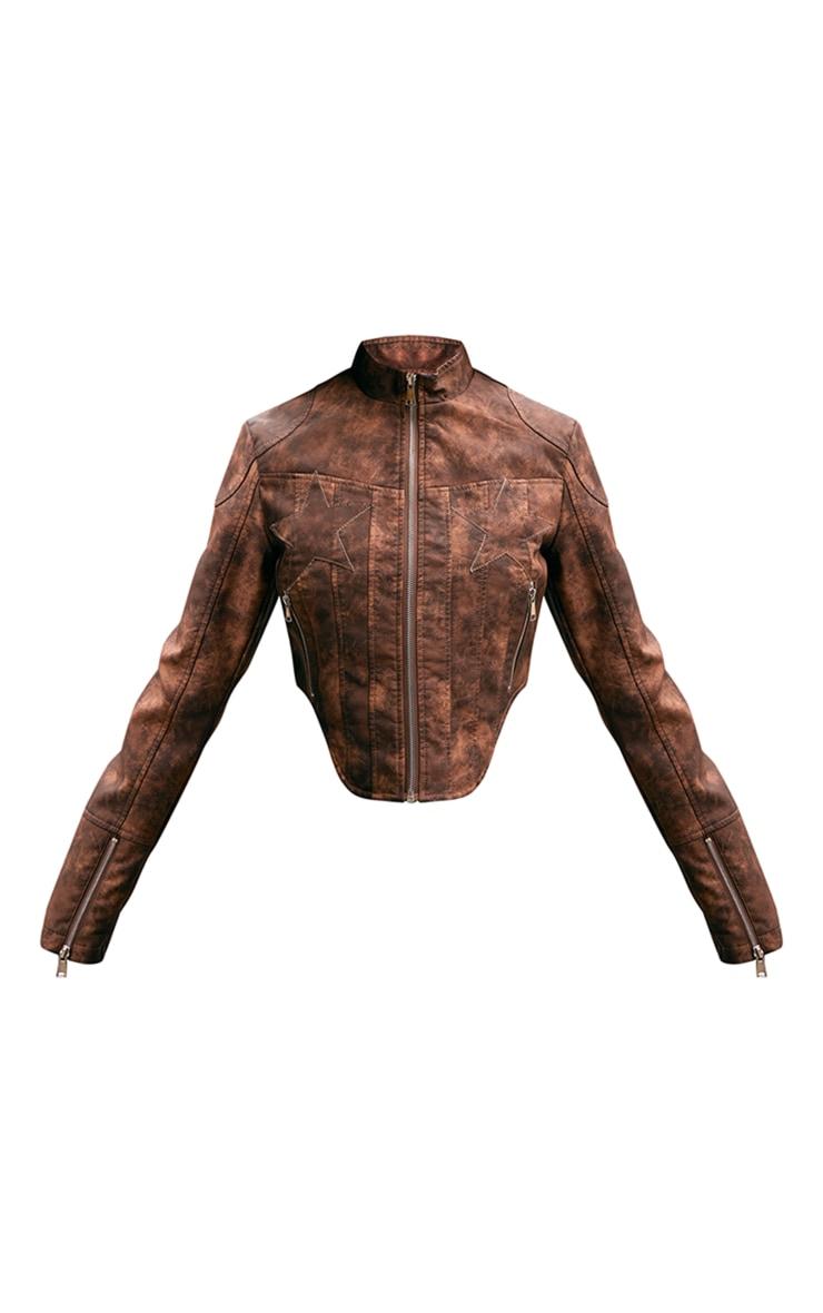 Brown Distressed Faux Leather Star Embroidery Biker Jacket Product Image