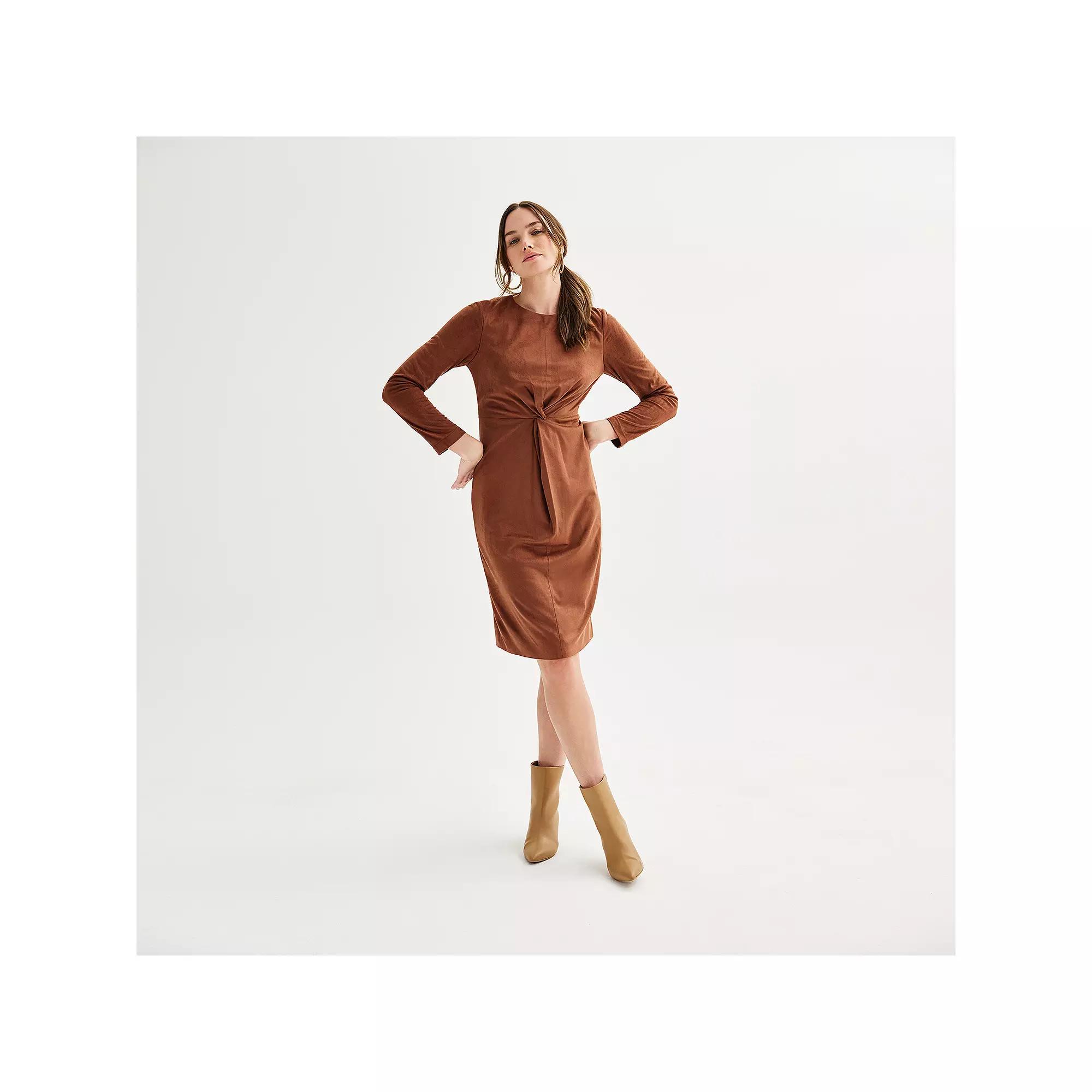Women's Nicole Miller Faux Suede Long Sleeve Twist Front Dress, Size: 12, Brown Product Image