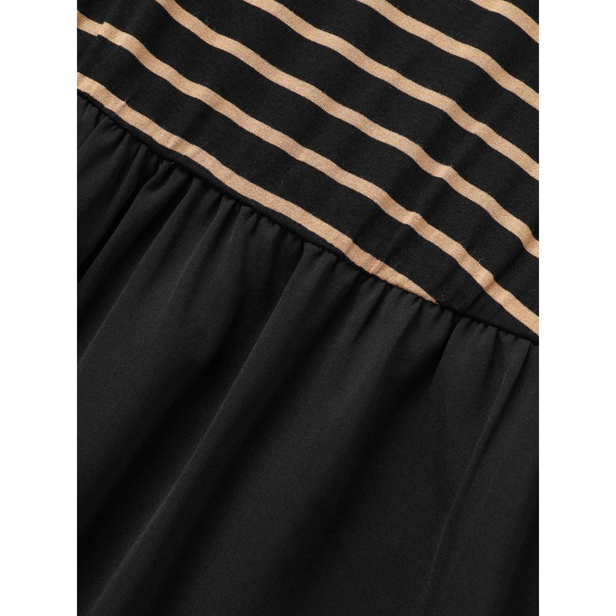 Plus Size Square Neck Striped Patchwork Midi Dress Black Women Casual Patchwork Round Neck Elbow-length sleeve Curvy BloomChic 12/L Product Image