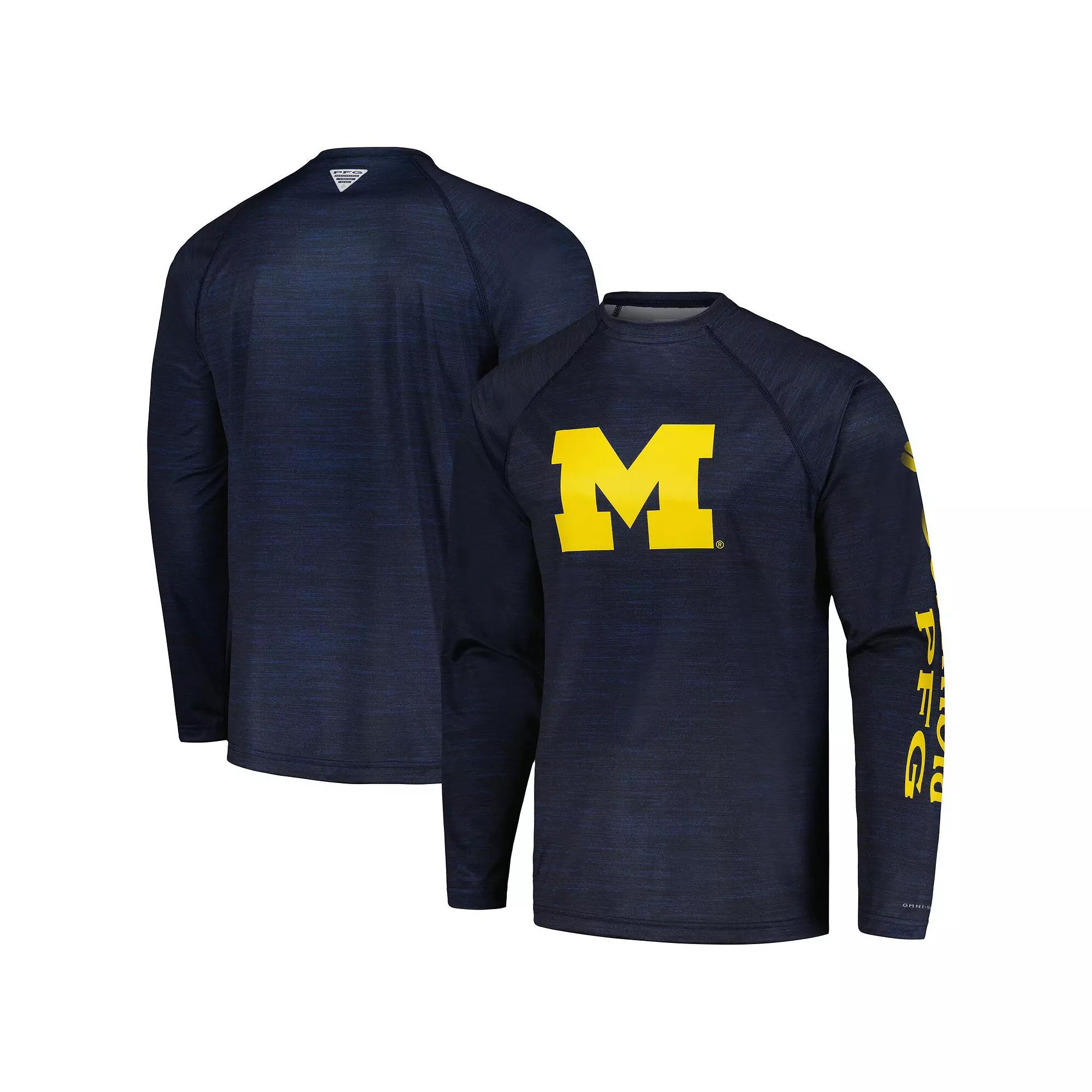 Men's Columbia Navy Michigan Wolverines PFG Terminal Tackle Omni-Shade Raglan Long Sleeve T-Shirt,  Product Image