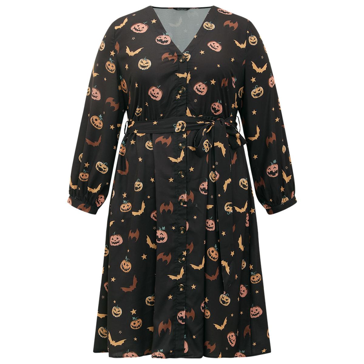Plus Size Halloween Lantern Sleeve Belted Dress Black Women Casual Belted V-neck Long Sleeve Curvy Midi Dress BloomChic 10/M Product Image