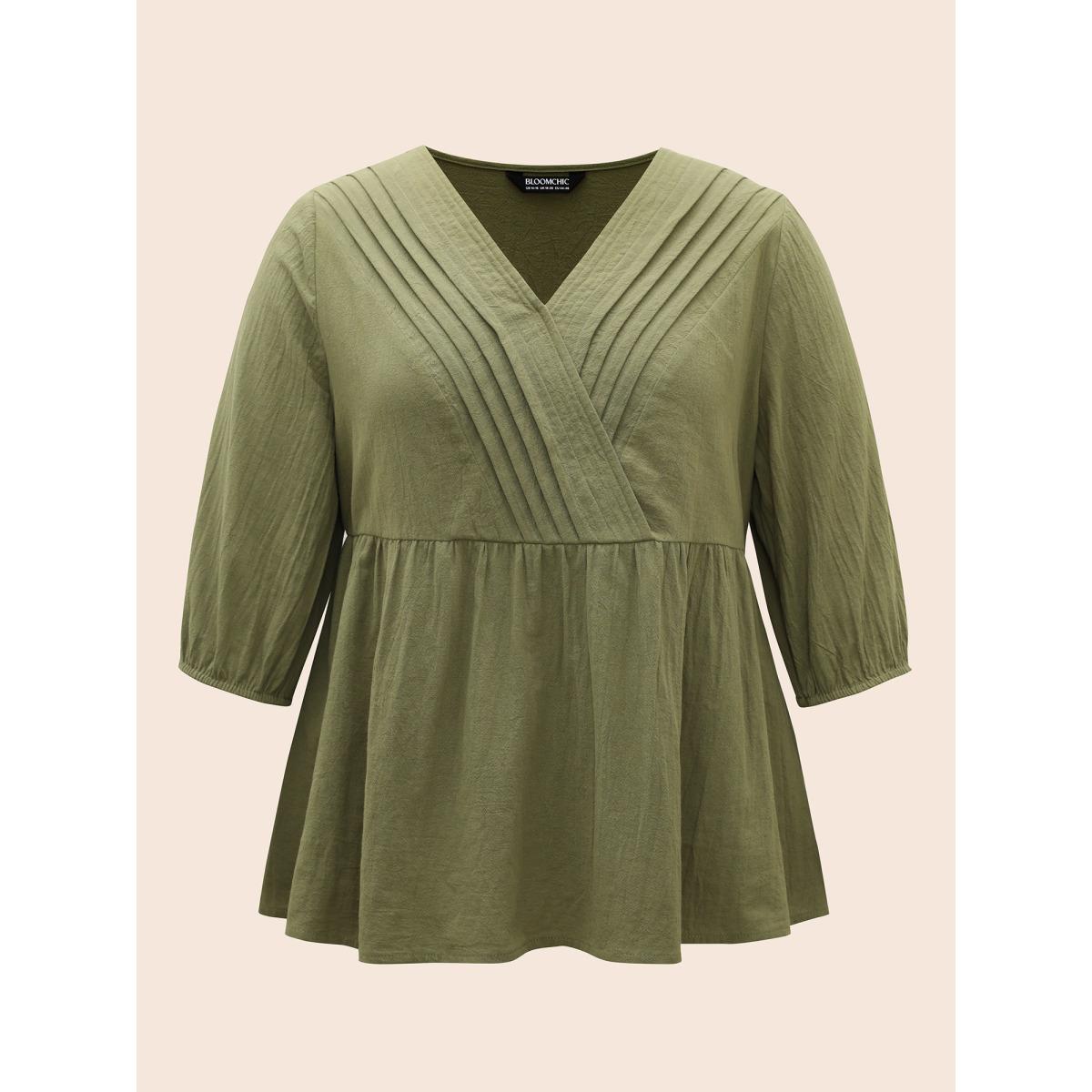 Plus Size Sage Solid Lantern Sleeve Pleated Blouse Women Resort Elbow-length sleeve V-neck Vacation Blouses BloomChic 18-20/2X Product Image