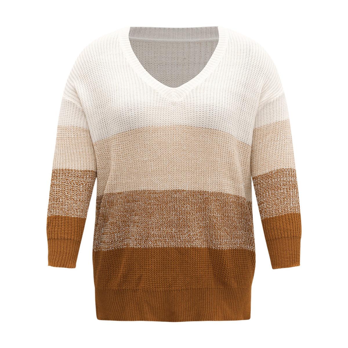 Plus Size Heather Split Side Contrast V Neck Pullover Multicolor Women Casual Loose Long Sleeve V-neck Dailywear Pullovers BloomChic 30/6X Product Image