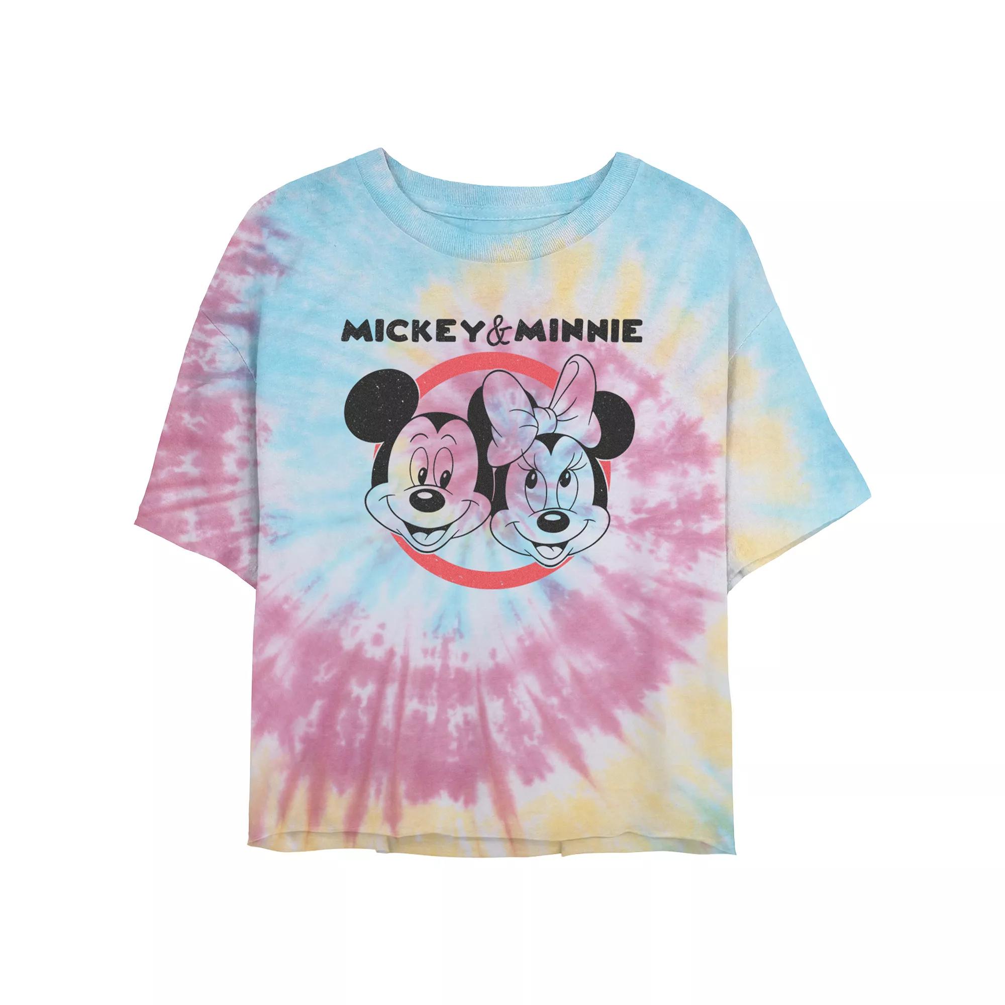 Disney's Mickey Mouse And Minnie Classic Couple Juniors' Cropped Tie Dye Graphic Tee, Women's, Size: Large, Blue Pink Light Yellow Product Image