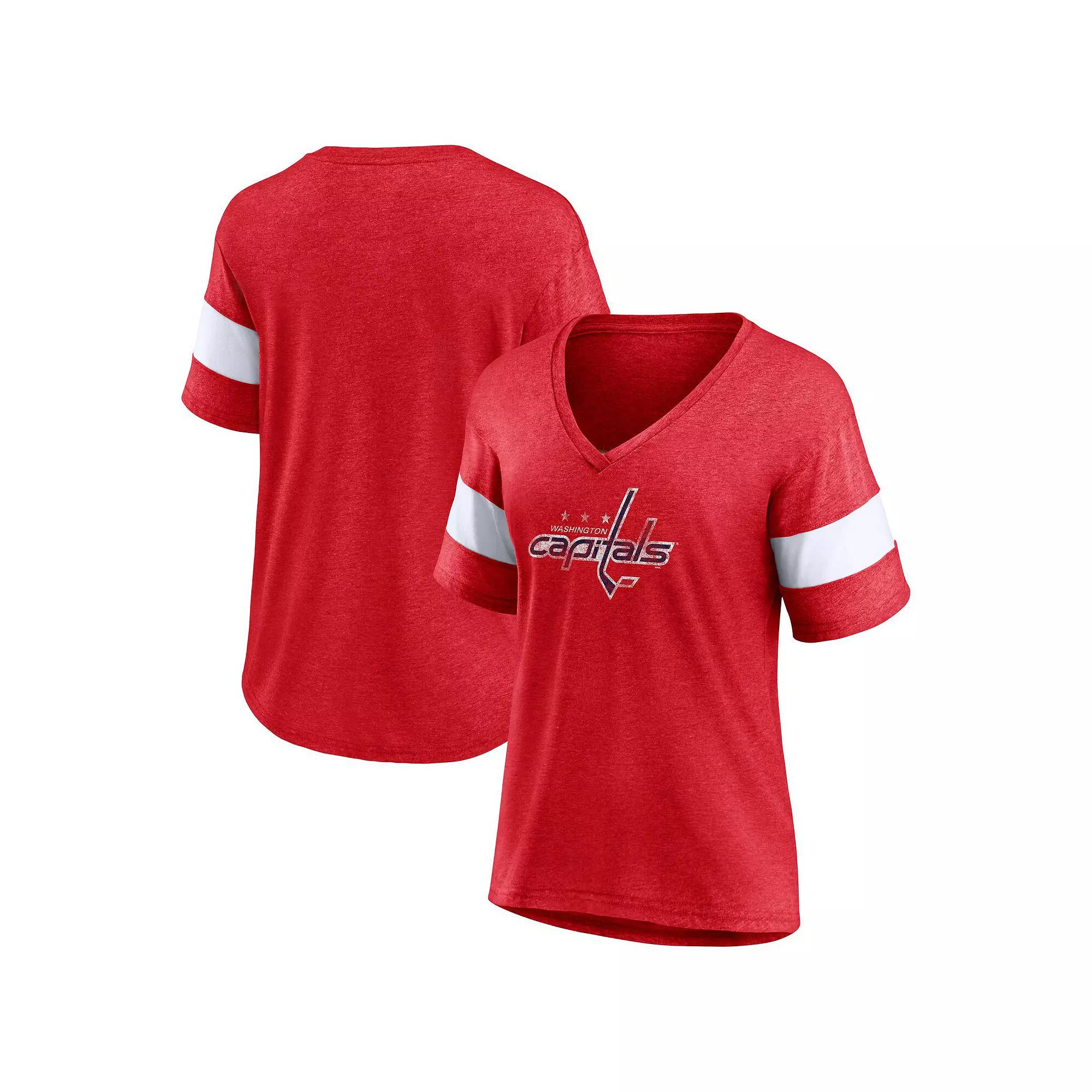 Women's Fanatics Heather Red Washington Capitals Distressed Tri-Blend V-Neck Half-Sleeve T-Shirt,  Product Image