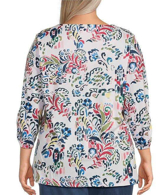 Allison Daley Plus Flowery Ikat 3/4 Sleeve Split Round Neck Lace Detail Knit Top Product Image