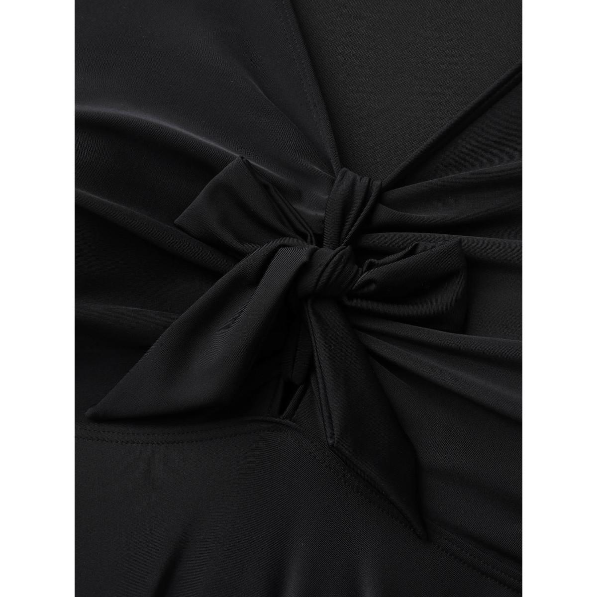 Plus Size Knotted Lace Sheer Sleeve Swim Top Women's Swimwear Black Resort Tie knot High stretch Bodycon V-neck Curve Swim Tops BloomChic 22-24/3X Product Image