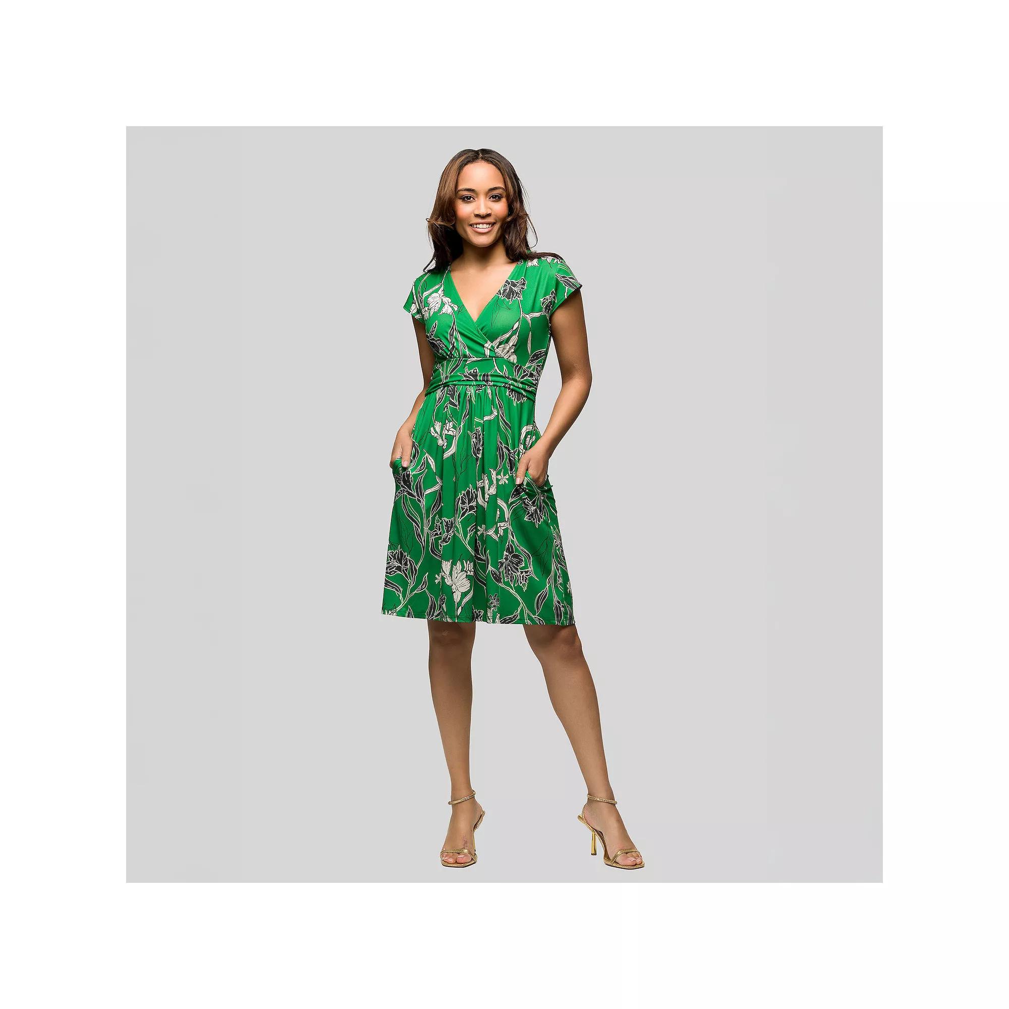 Women's 24Seven Comfort Apparel Green Floral V-Neck Cap Sleeve Midi Dress, Size: XL, Green Team Product Image