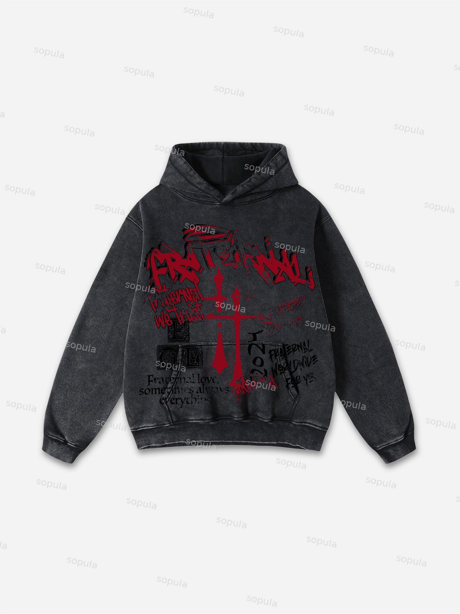 Vintage Fraternal Double Cross Graphic Acid Washed Oversized Hoodie Product Image