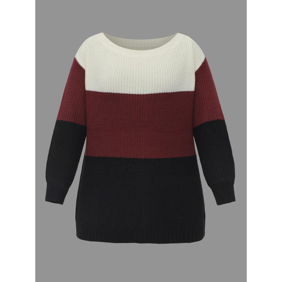 Plus Size Boat Neck Colorblock Contrast Pullover Scarlet Women Casual Loose Long Sleeve Boat Neck Everyday Pullovers BloomChic 30/6X Product Image