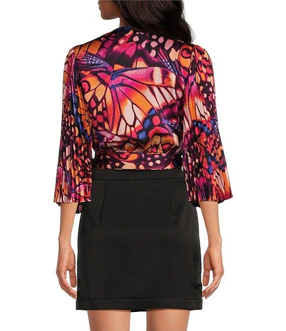 Skies Are Blue Butterfly Print V-Neck 3/4 Sleeve Front Tie Pleated Top Product Image