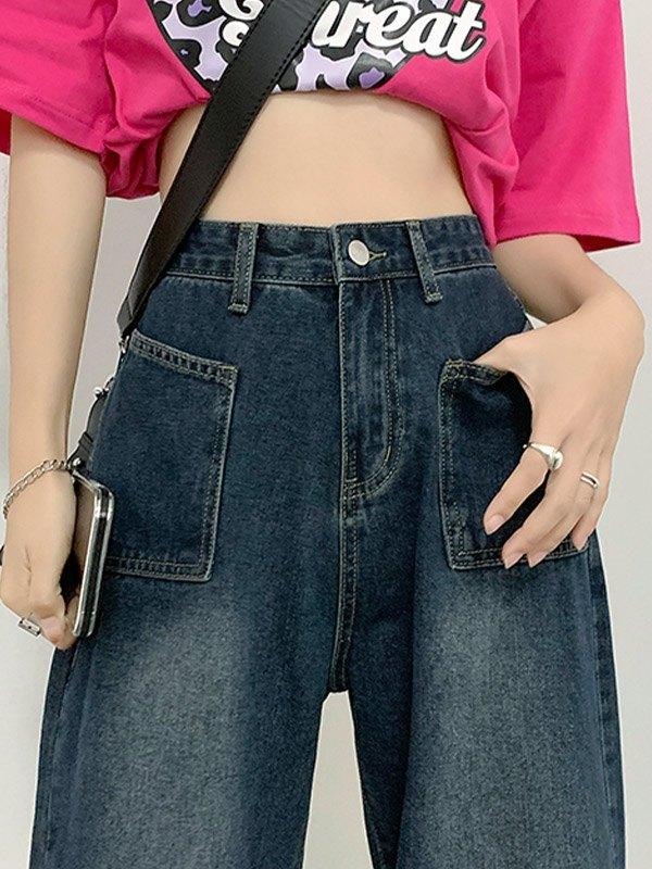 Vintage Wash Pocket Boyfriend Jeans Product Image