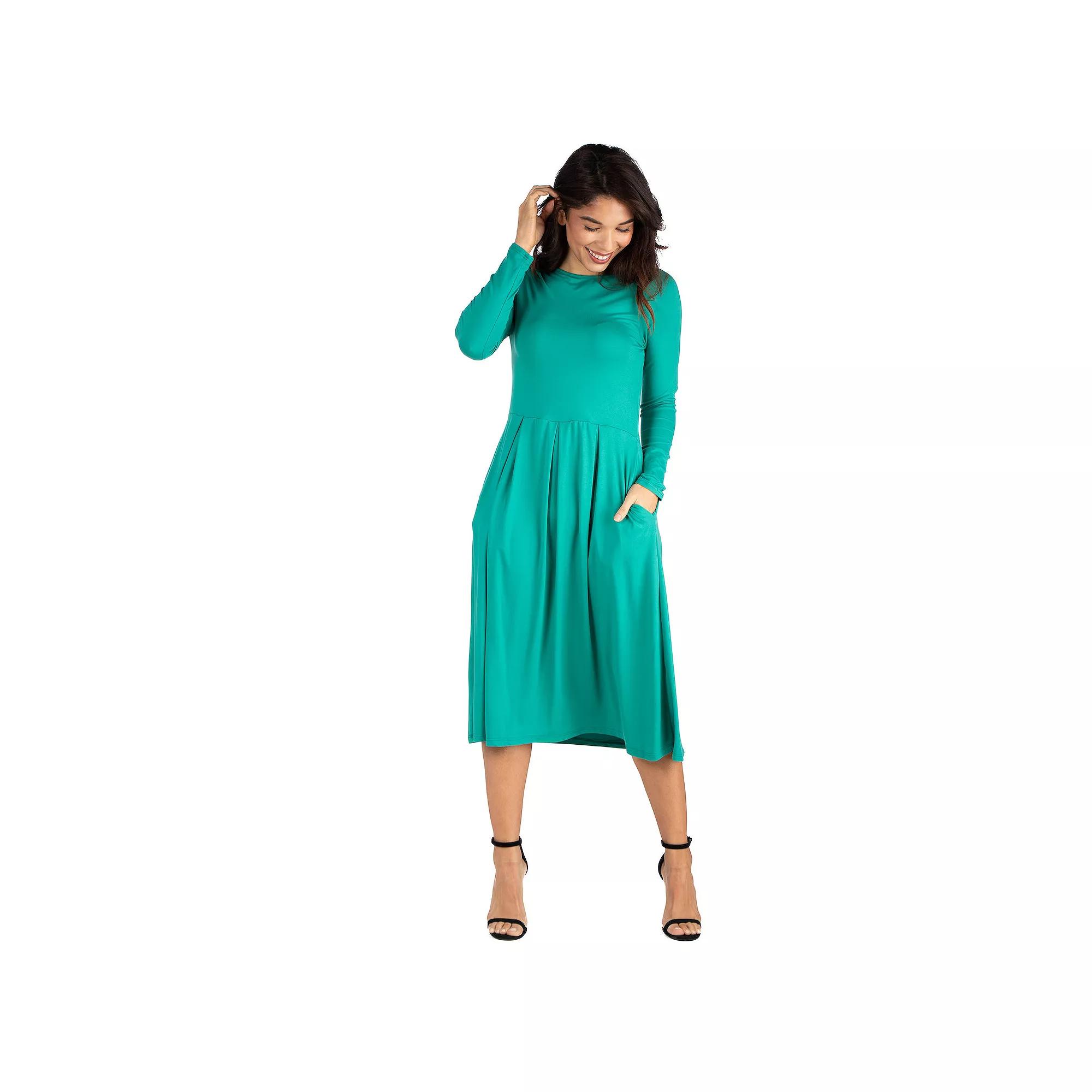 Women's 24Seven Comfort Apparel Long Sleeve Fit & Flare Dress with Pockets,  Product Image