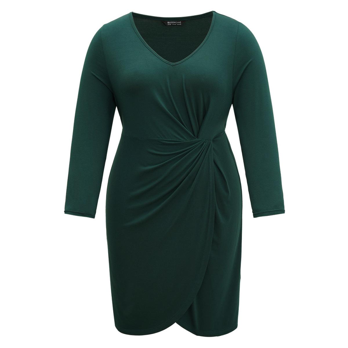 Plus Size Solid Wrap Twist Front V Neck Dress DarkGreen Women Casual Wrap V-neck Long Sleeve Curvy Knee Dress BloomChic 10/M Product Image