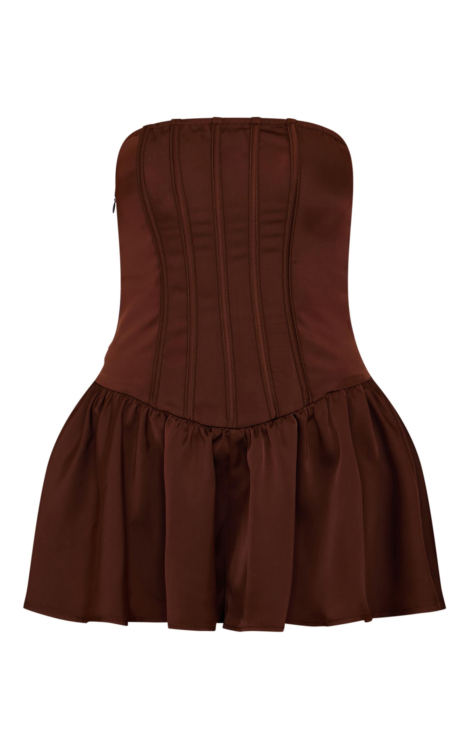 Chocolate Satin Corset Detail Bandeau Romper Product Image