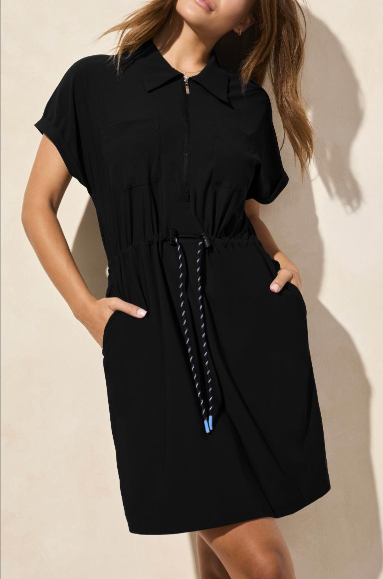 4 Way Stretch Short Sleeve Dress- Black Product Image