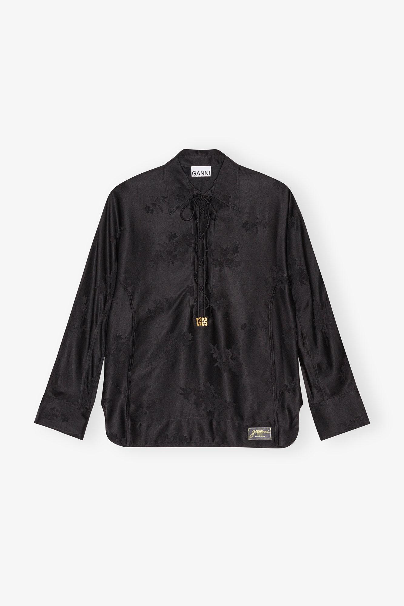 Black Satin Jacquard Tie String Shirt Product Image